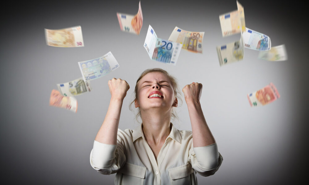 Rejoicing. Girl in white and Euro.