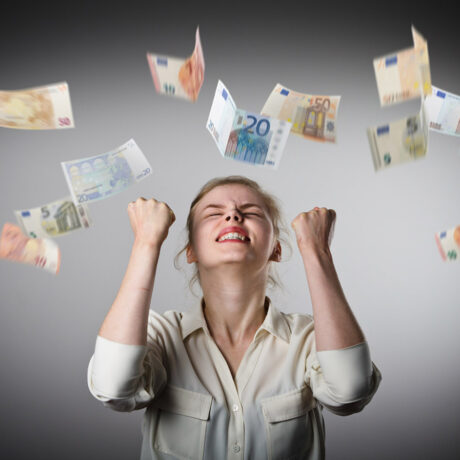 Rejoicing. Girl in white and Euro.