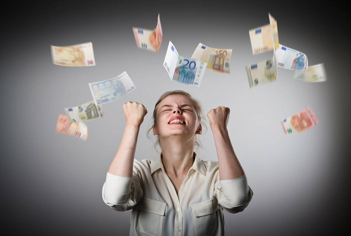 Rejoicing. Girl in white and Euro.