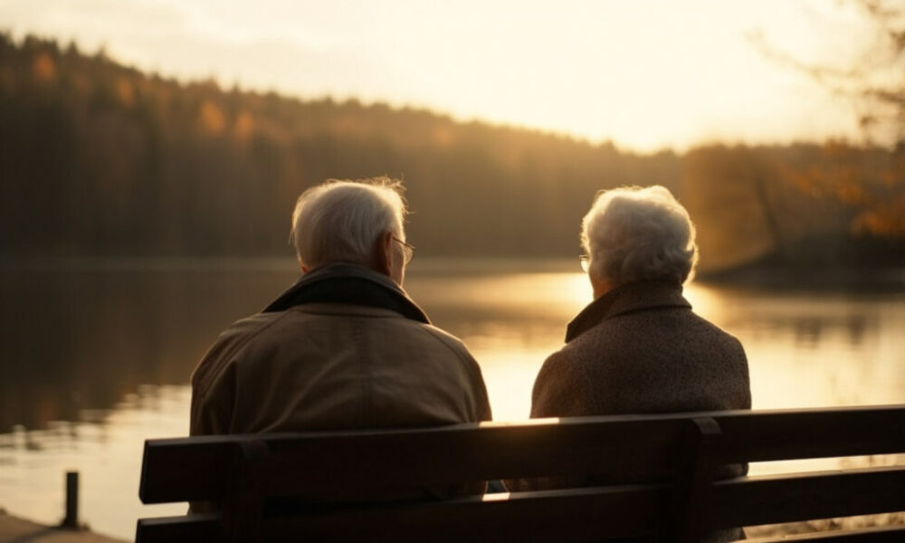 Senior couple sitting on bench enjoying sunset generated by AI